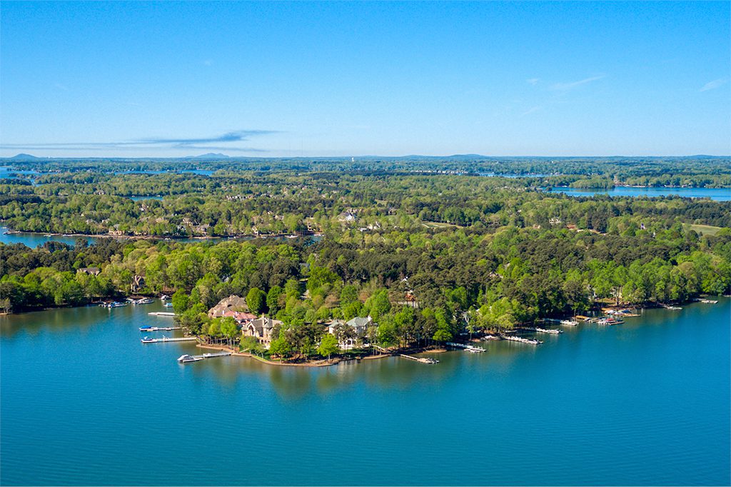 Aerial photography of The Point on Lake Norman in Mooresville, NC.